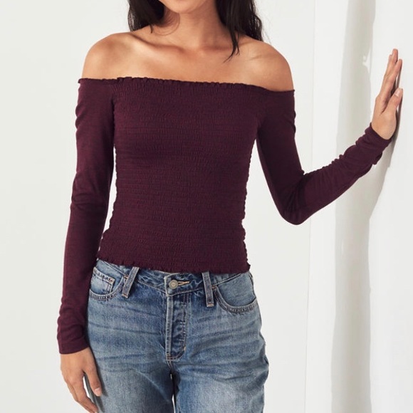 hollister smocked off the shoulder crop top